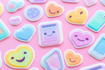Colorful Y2K stickers with glitter effects showcase hearts, smiley faces, cellphones, and text bubbles against a charming soft pink backdrop.の素材