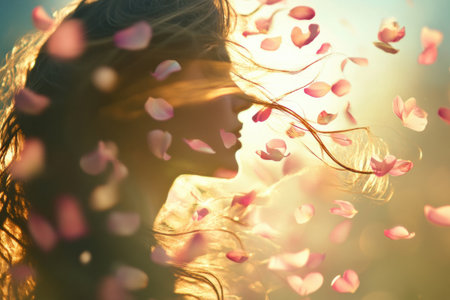 Flower petals dance in the wind, forming a delicate human silhouette as sunlight filters through, creating a magical atmosphere in natures embrace.の素材