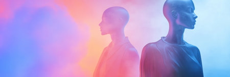 Glossy mannequins showcase trendy outfits while positioned amidst a vibrant, surreal fog that creates a dreamy and polished atmosphere.の素材