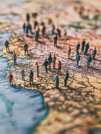 Small human figures are positioned across a large map, representing individuals engaged in strategic planning and analyzing power dynamics within a nation.の素材