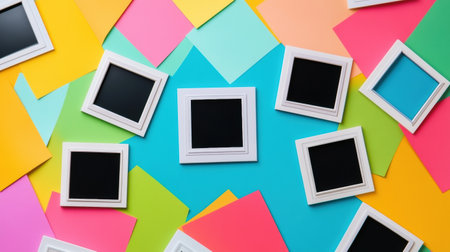 Scattered white Polaroid frames on a vibrant flat surface create an engaging space for personal memories and artistic expression amid colorful backdrops.の素材