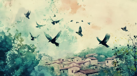 A group of watercolor birds flies gracefully above a peaceful village, embodying a serene atmosphere filled with dreamy Lapki vibes at twilight.の素材