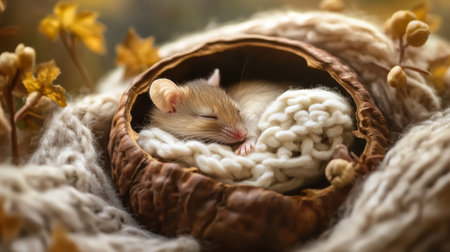 A tiny mouse rests peacefully in a walnut shell bed, wrapped in a warm blanket, nestled among soft autumn leaves in a whimsical fairy tale environmentの素材