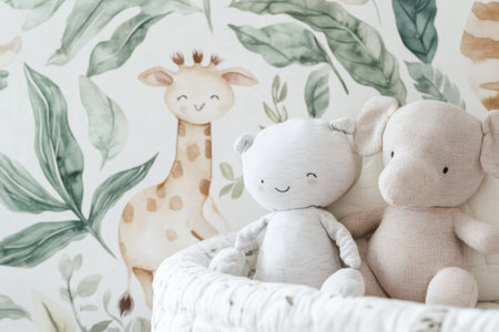Watercolor jungle animal illustrations and plush toys create a calming atmosphere perfect for nurturing an infants space and development.の素材
