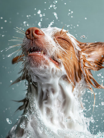 Dog exuberantly shakes off water droplets following a bath, displaying lively motion against a bright backdrop that enhances the moments energy.の素材