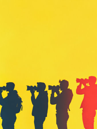 People engaged in photography hold cameras and smartphones, creating dynamic silhouettes against a bright and cheerful yellow backdrop, emphasizing creativity.の素材