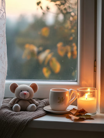 A serene window sill features a cozy display of warm tea, a flickering candle, and a soft mouse plushie, creating a tranquil atmosphere at sunset.の素材