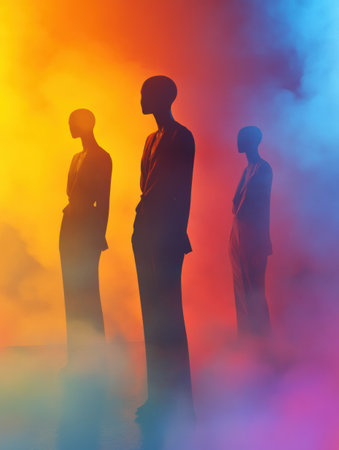 Glossy mannequins stand elegantly in a vibrant, surreal fog, showcasing their fashion-forward outfits against an ethereal background of colors.の素材