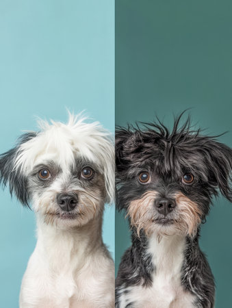 Dog grooming transformation highlighted with a split-screen view, featuring a playful dog with messy fur on one side and clean fur on the otherの素材