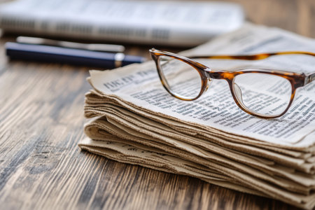 A stack of political newspapers rests on a wooden table, accompanied by reading glasses and a pen, creating a focused atmosphere for editorial work.の素材