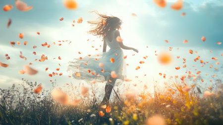 A human shape dances gracefully amid swirling flower petals in a vibrant natural setting, capturing the essence of light and movement.の素材