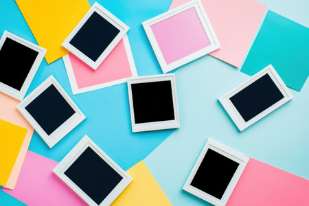 Scattered white polaroid frames lie on a lively flat surface decorated with bright pastel colors, inviting creativity and memories.の素材