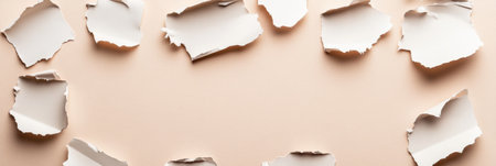 Torn pieces of note paper stickers are creatively arranged on a neutral desk background, showing a simple yet modern stationery-inspired design.の素材