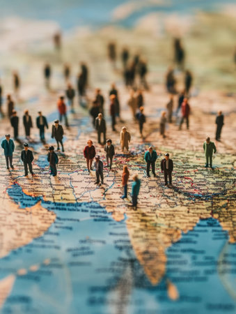 Small figures represent people gathered around a vast map, engaged in strategic discussions about national planning, decisions, and power dynamics.の素材