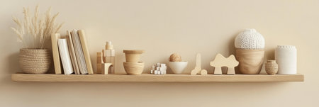 Wooden shelves filled with carefully arranged children39;s toys and books create a charming vibe in a pastel beige interior featuring minimalistic design.の素材