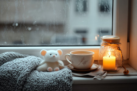 Tea in a delicate cup beside a warm candle and a soft mouse plushie on a window sill, evoking a serene mood during a rainy afternoon.の素材