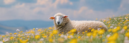 A fluffy sheep lazily relaxes on a hill covered in vibrant wildflowers, enjoying the warm spring atmosphere of Lapki under a beautiful sky.の素材