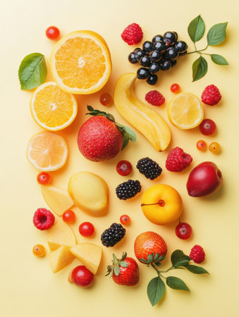Fresh fruits and berries are beautifully arranged on a soft pastel background, highlighting their vibrant colors and clean, minimal aesthetic.の素材