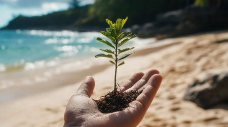 A small tree grows from a caring hand, highlighting the relationship between humanity and nature at a serene beach location under clear skies.の素材