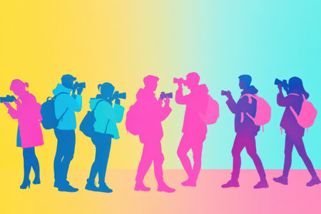 Silhouettes of diverse individuals holding cameras and phones take center stage, showing their passion for photography in a lively, colorful environment.の素材