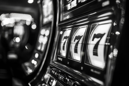 A classic slot machine design showcases three slots displaying the number 7. The black and white art highlights the nostalgic appeal of casino gaming.の素材