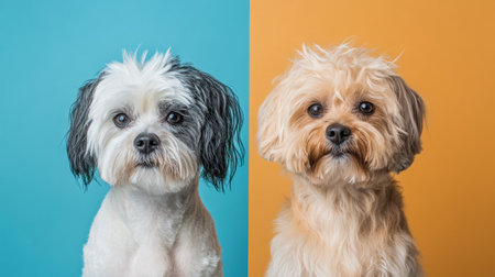 A playful dog transforms from messy to well-groomed, showcasing a striking before-and-after against colorful backgrounds.の素材