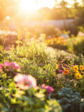 A tranquil garden filled with colorful flowers and healthy vegetables shines under the bright sunlight, creating a serene atmosphere ideal for relaxation.の素材