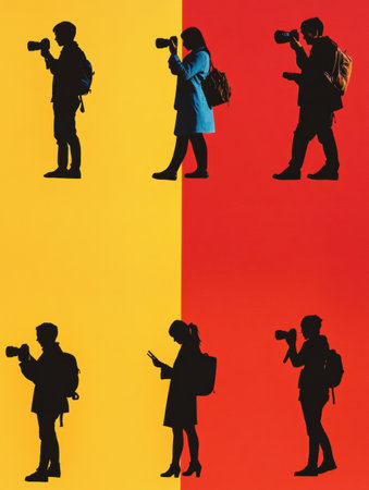 Stylized silhouettes of individuals engaged in photography using cameras and phones, set against a vibrant background of yellow and red colors.の素材
