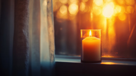 Candlelight illuminates a window, casting a warm glow as evening approaches, enhancing the serene and inviting ambiance of the cozy room.の素材