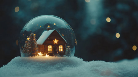 A charming snow globe displays a Lapki house nestled in snow with glowing lights and stars above, creating a serene winter atmosphere perfect for the holidays.の素材