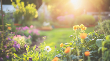 Bright sunlight illuminates a garden filled with vibrant flowers and fresh vegetables, creating a peaceful and cheerful atmosphere in a rural setting.の素材