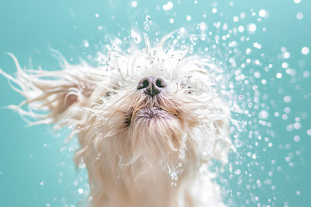 A wet dog enthusiastically shakes off water after a bath, capturing a dramatic moment with splashes against a bright clean backdrop.の素材