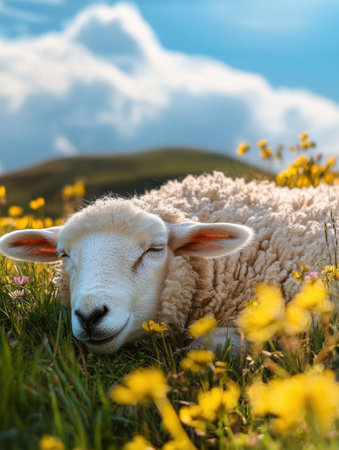 A serene sheep rests comfortably on a verdant hill surrounded by vibrant flowers, basking in the gentle warmth of a sunny spring day in Lapki.の素材