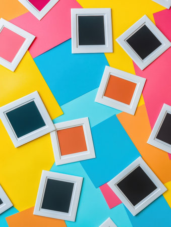 Scattered white Polaroid frames lie on a vibrant flat surface, inviting creativity and showing empty spaces for personalized memories.の素材