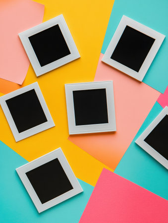 White Polaroid frames are artistically arranged on a lively background of pink and teal paper, creating a playful and creative display with open spaces.の素材
