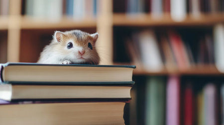 A cozy library features a stack of books with tiny animals peeking out, inviting readers to enjoy a calm atmosphere perfect for quiet moments.の素材