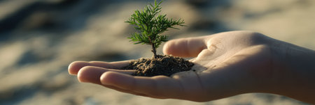 A small tree emerges from the palm of a hand, representing love for nature and the urgency of environmental protection, encouraging growth and care.の素材