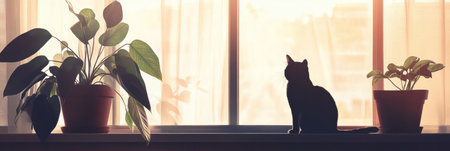 Gentle pastel light fills the room as a cat silhouette sits by the window, surrounded by lush plants, creating a tranquil and inviting space.の素材