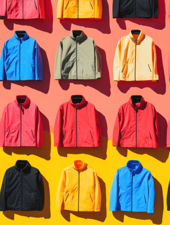 Colorful street jackets are displayed in neat rows on a striking background, showcasing design and texture in an organized layout.の素材