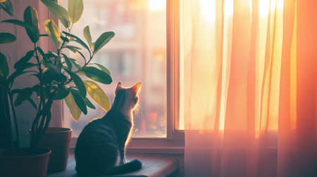 A cozy atmosphere is created as a cat sits silhouetted by the warm glow of sunlight, overlooking greenery through a softly draped window.の素材