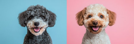 A dog showcases a remarkable transformation from messy to clean fur in a playful split-screen format, highlighting the difference after grooming.の素材