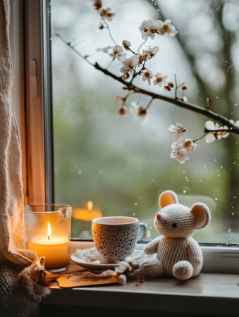 A soothing window sill displays a cup of tea, a flickering candle, and a plush mouse, enhancing the tranquil mood while raindrops fall softly outside.の素材