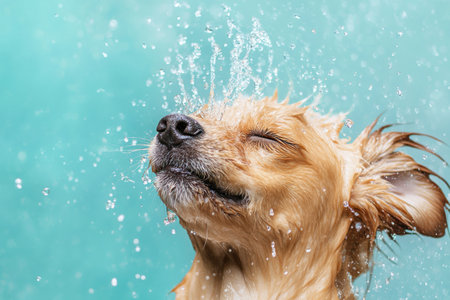 A wet dog vigorously shakes off water after a bath, creating a dynamic splash effect against a bright, clean background on a sunny afternoon.の素材