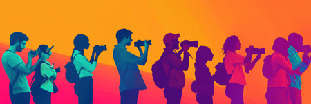 Groups of individuals enthusiastically use cameras and smartphones while standing in a line, showcasing a lively atmosphere during a daytime gatheringの素材