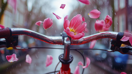 Tulip petals cascade onto the canals of Amsterdam, enhancing the enchanting spring scene with bicycles and picturesque bridges lining the streets.の素材