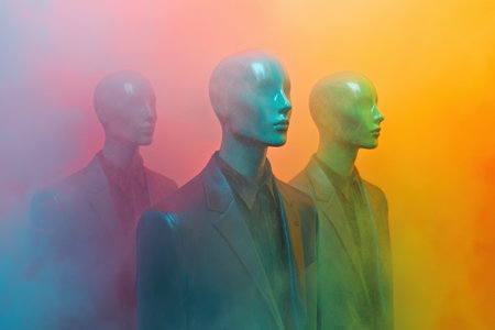 Glossy mannequins in trendy attire stand prominently amidst colorful fog, creating a captivating and dreamy atmosphere that highlights modern fashion.の素材