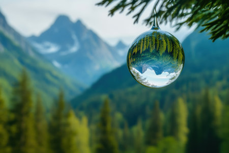 A transparent droplet hangs delicately from a tree branch, reflecting the breathtaking mountains and lush forests in a serene environment.の素材