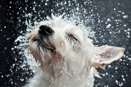 A lively dog shakes off water after a bath, sending droplets flying in all directions on a vibrant and clean backdrop, showcasing dynamic motion.の素材