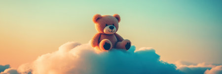A teddy bear comfortably rests on a small cloud beneath a pastel evening sky, evoking a whimsical and serene ambiance perfect for daydreaming.の素材