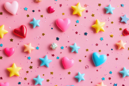 Tiny hearts, stars, and sparkles are scattered over a soft pastel pink background, creating a dreamy and playful atmosphere perfect for decorations or crafts.の素材